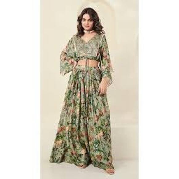 Basanti Kapde Aur Koffee Two-Piece Chinon Green Floral L/XL - Picture 9 of 16